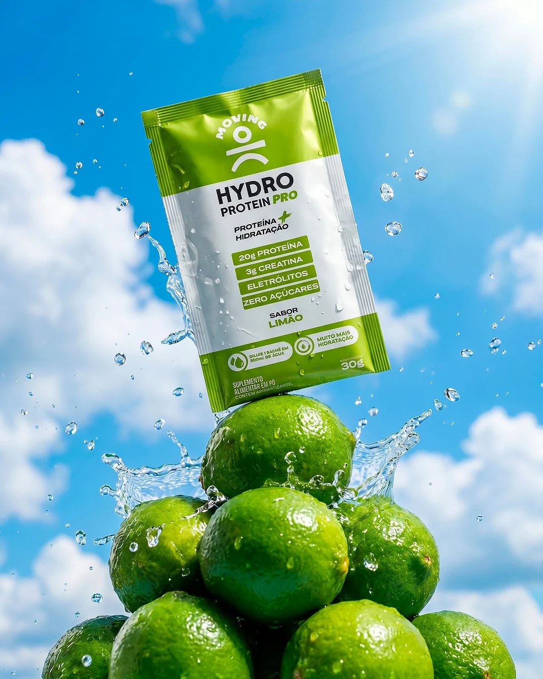 Sachê Hydro Protein PRO Limão com frutas, água e céu azul